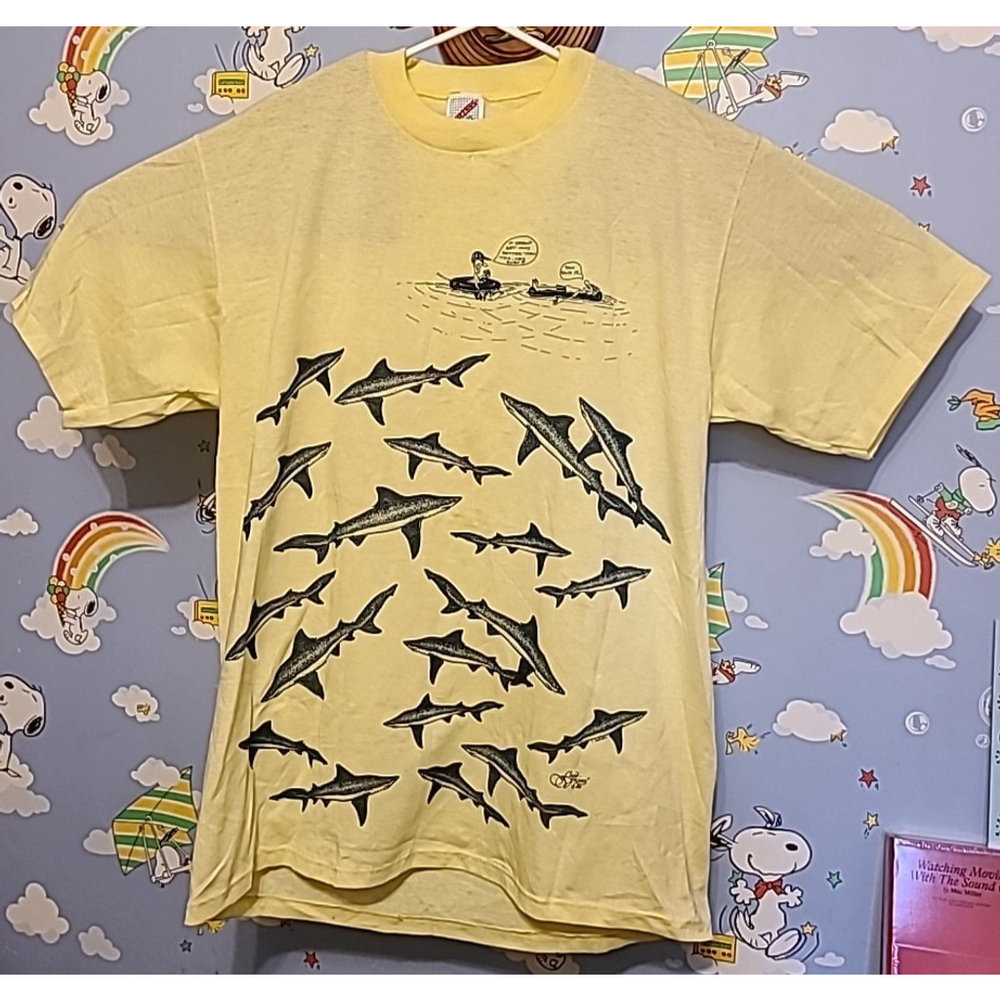 Vintage 80s Fluid Visions Shark Fishing Funny Comic Shirt Size XL Made In U.S.A.
